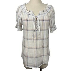 Mine Plaid Peasant Blouse Women's S Tie Neck Smocked Ruffle Sleeve Top‎